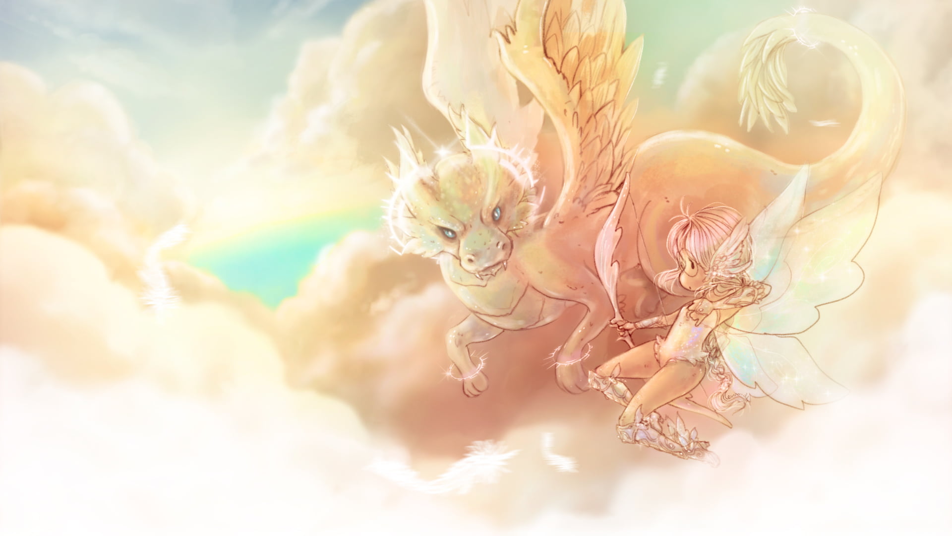 eamanelf-ilustradora-de-hadas-battle-angel-fairy-archer-white-dragon-flying- in the sky